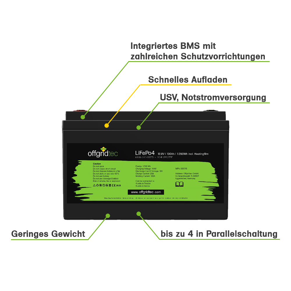 Offgridtec LifePo4 battery 12/100 12.8V 100Ah with BMS and heating mat 1280Wh
