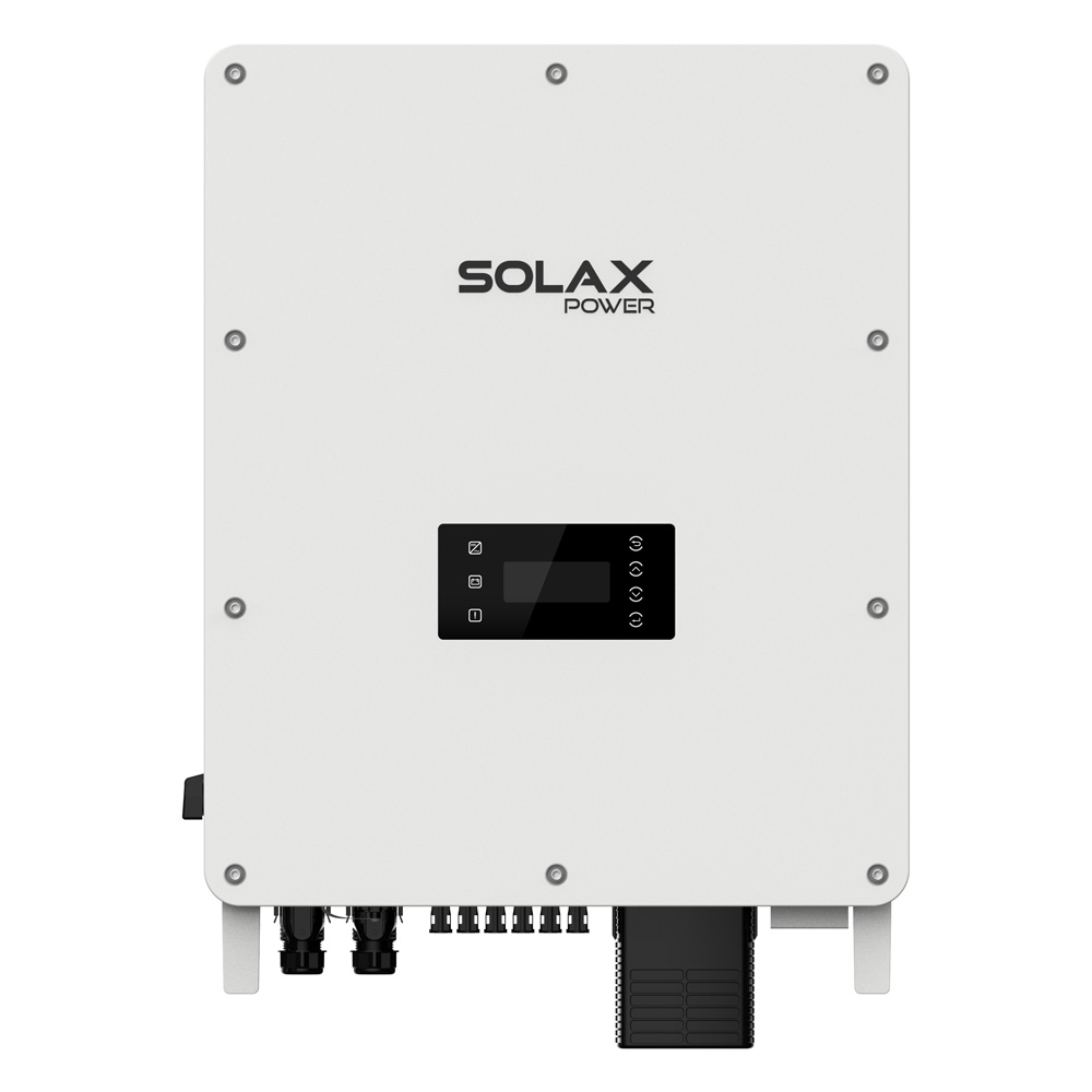 Frontansicht: weißer Solax AEOLIO Energy Storage; schwarzes Bedienfeld mit Display & Anschlüsse links & unten