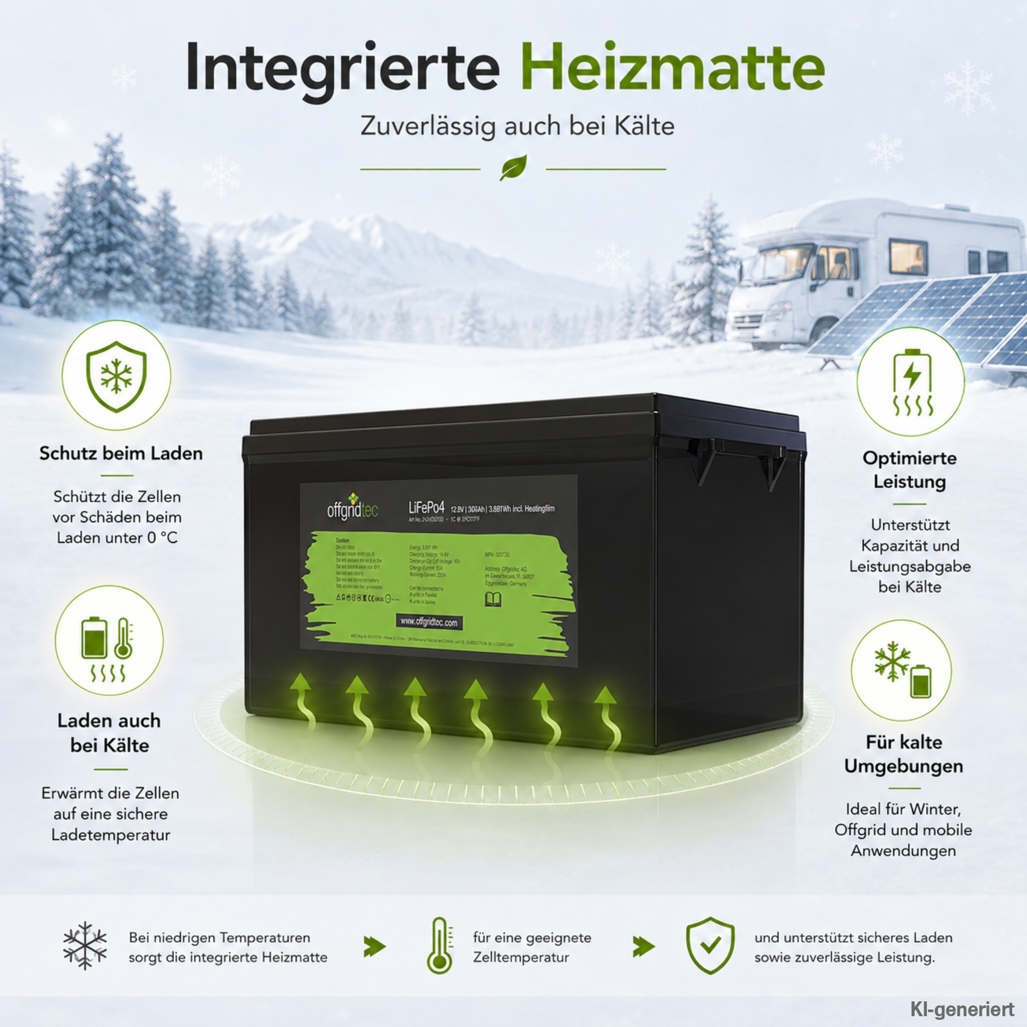 schwarze Offgridtec LiFePO4 Batterie 12V 304Ah mit Heizmatte Eigenschaften der integrierten Heizfunktion