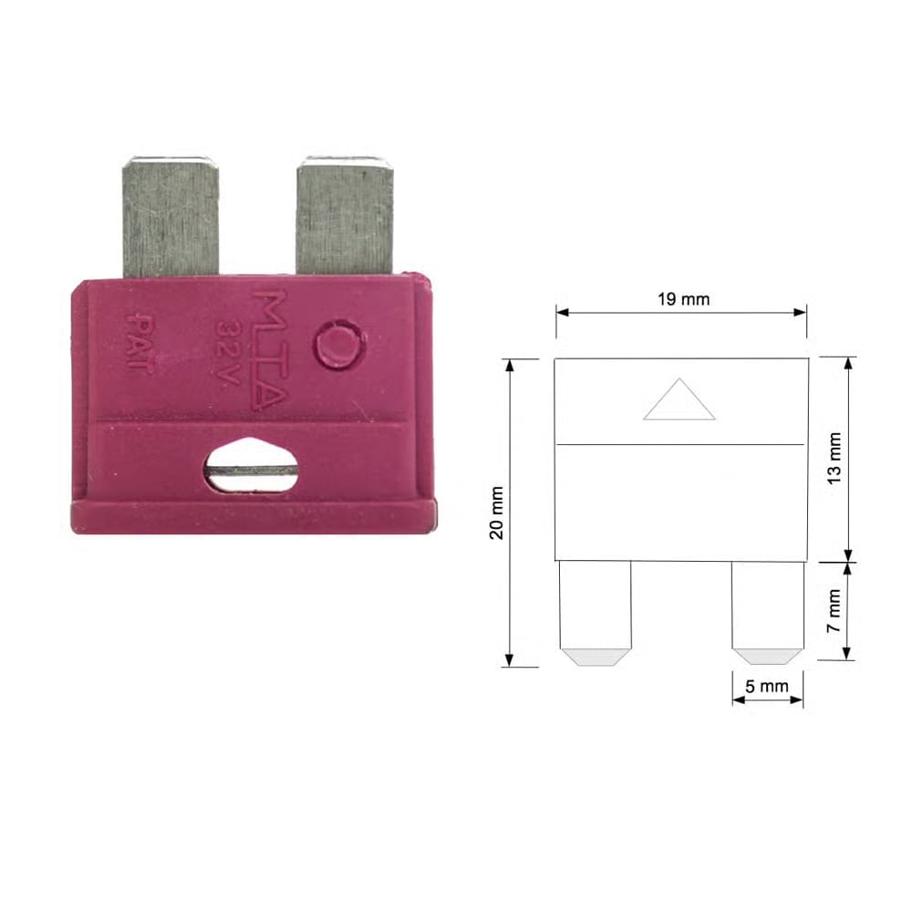 Lila 10A KFZ Flachsicherung 6-32V, daneben technische Zeichnung mit Abmessungen: 19x20mm