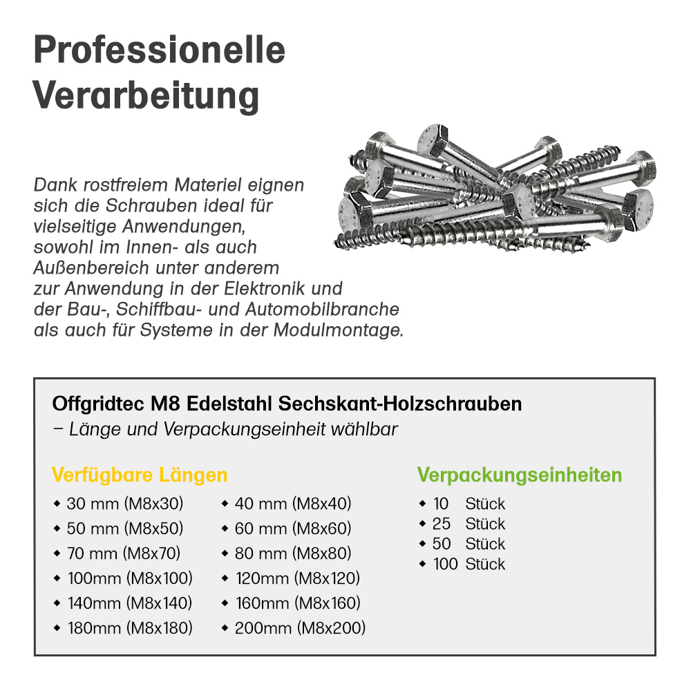 Vis à bois hexagonale M8x80 mm en acier inoxydable DIN571, 100 pièces.