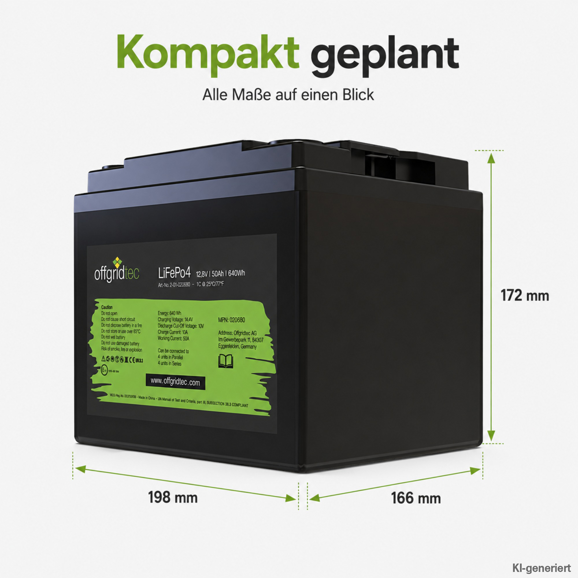 schwarze Offgridtec LiFePo4 Batterie 12V 50Ah Abmessungen