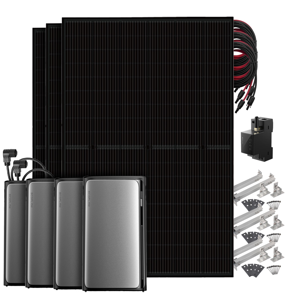 Setansicht: 3 Solarmodule, EcoFlow Stream Pro All-in-1 System, 3 AC Pro Batterien, Smart Meter, Kabeln & Flachdach-Montageset