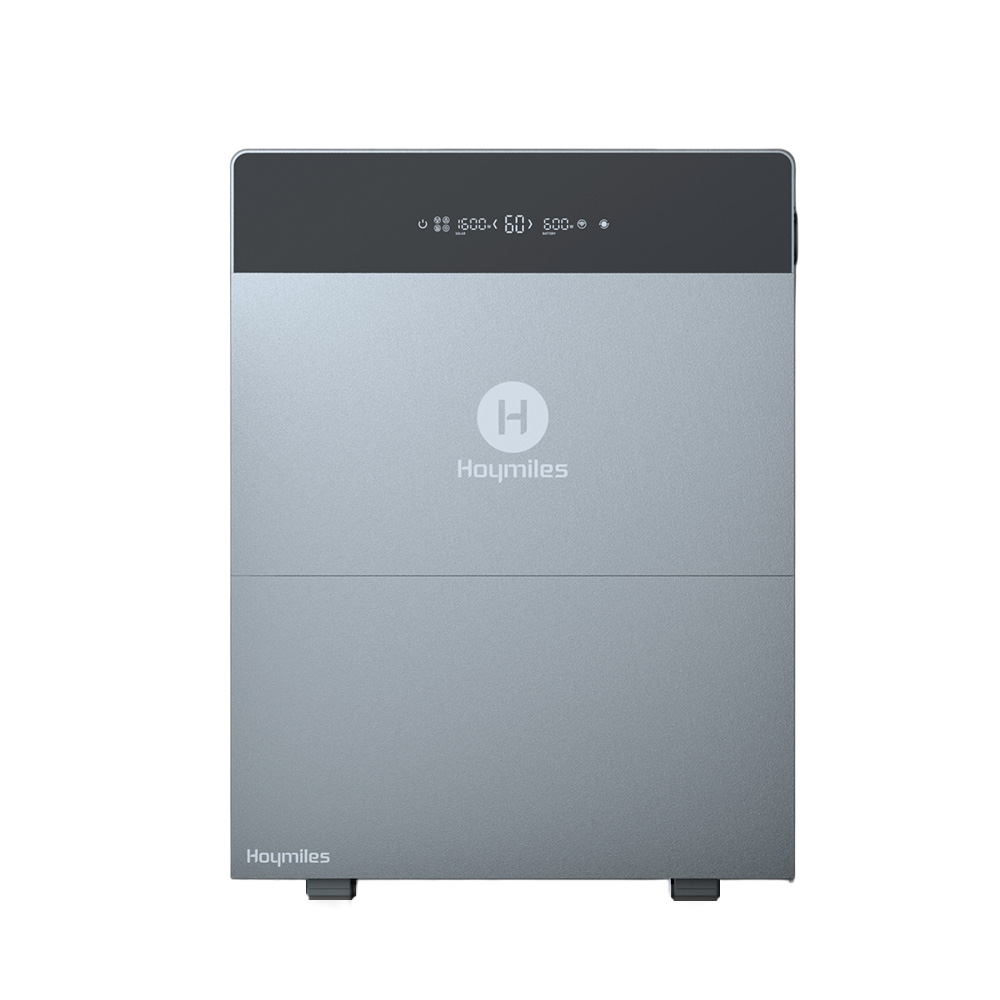 Hoymiles HiBattery HB-4020-X Energiespeicher mit Erweiterungsakku vertikal angeordnet in abgestuften Grautönen und Logo auf der Vorderseite