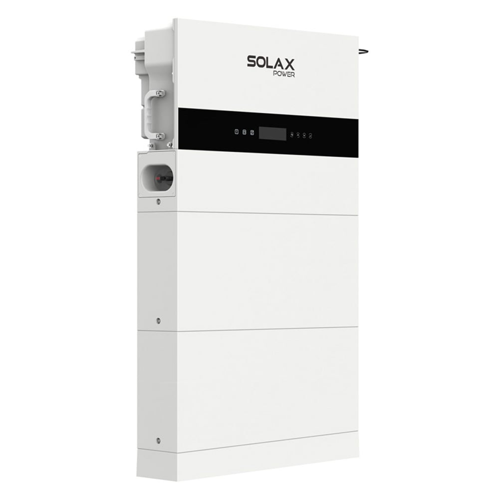 Schrägansicht von links: weißes Solax X1-IES Speichersystems mit Wechselrichter, 2 Batterien und BMS Schrägansicht von links: weißes Solax X3-IES Speichersystems mit Wechselrichter, 2 Batterien und BMS