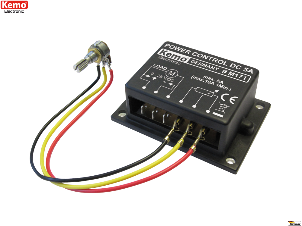 Schrägansicht des schwarzen Kemo PWM Leistungsreglers (M171); drei Kabel in gelb, blau und rot