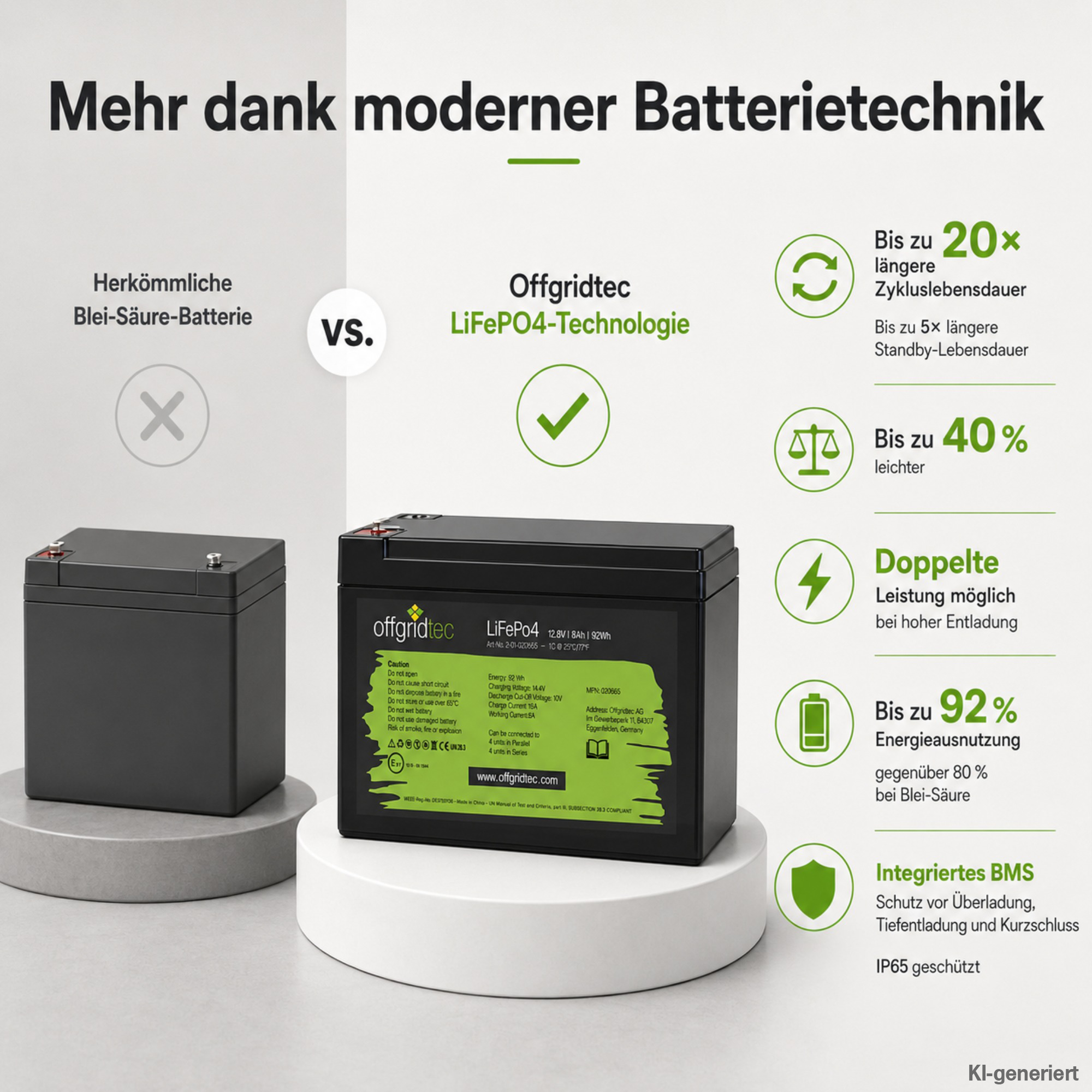 schwarze Offgridtec Batterie 12V 8Ah Vergleich mit Blei-Säure