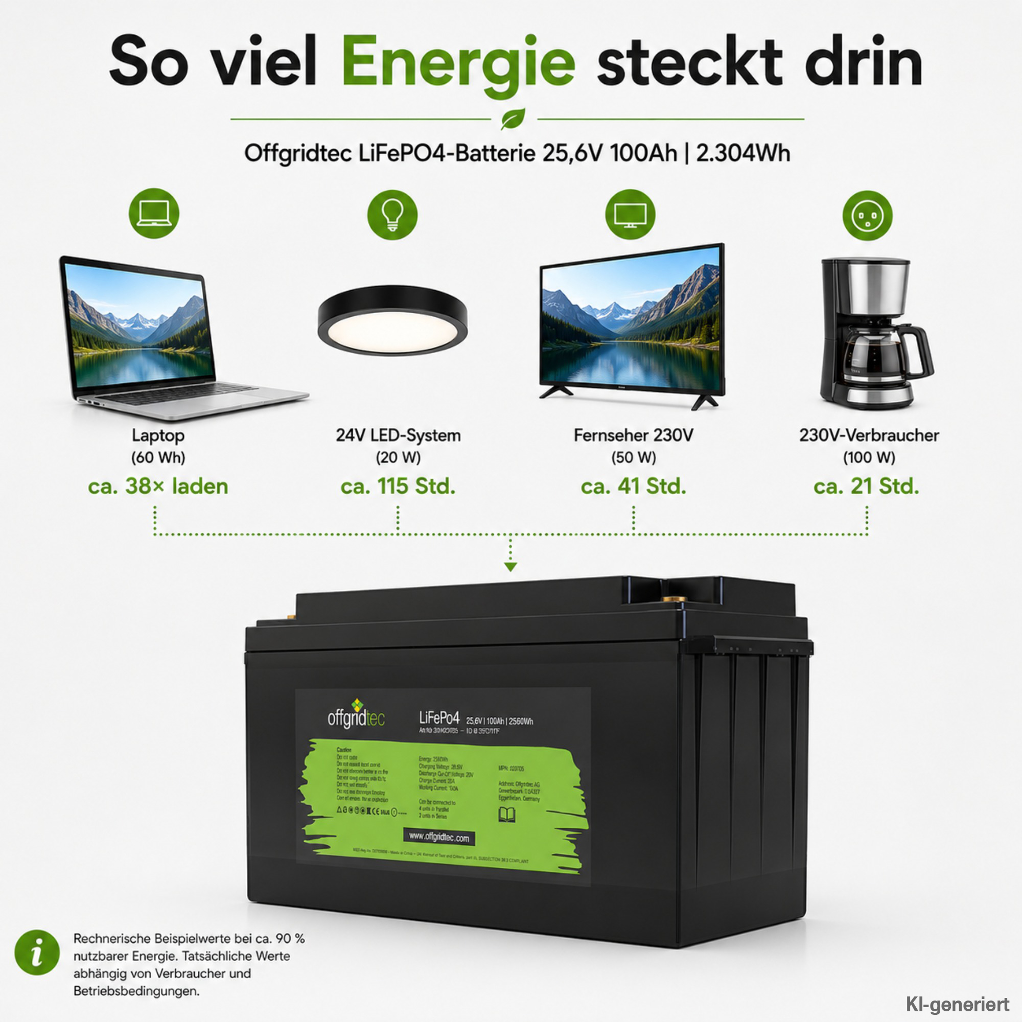 schwarze Offgridtec LiFePO4 Batterie 24V 100Ah Energieberechnung