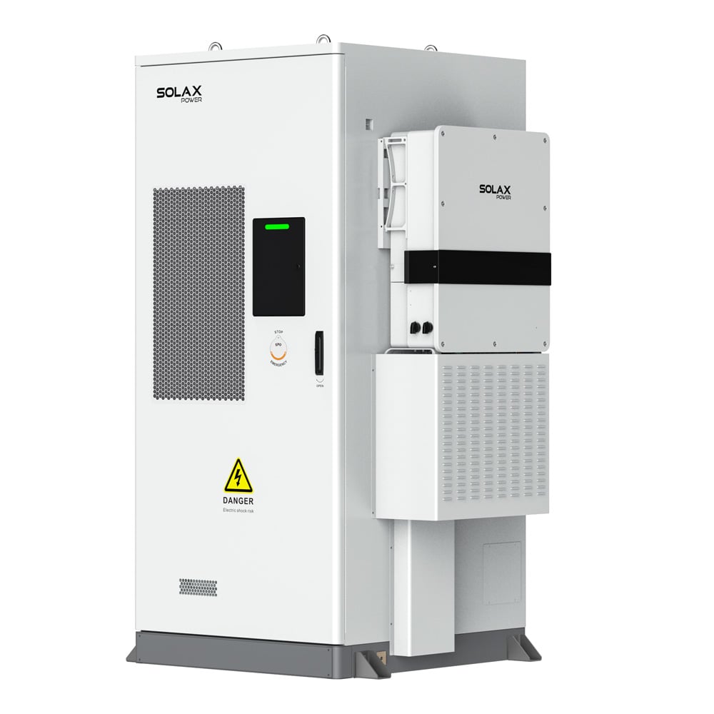 Schrägansicht von rechts: weißer Solax AELIO-B100 Energy Storage mit Anschlussmodul an der Seite