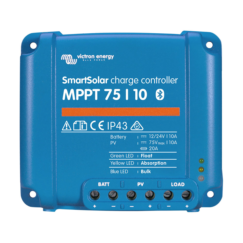 Frontansicht: blauer Victron Smartsolar MPPT 75/10 10A 12V 24V Solar-Laderegler mit LEDs und Montagelöchern