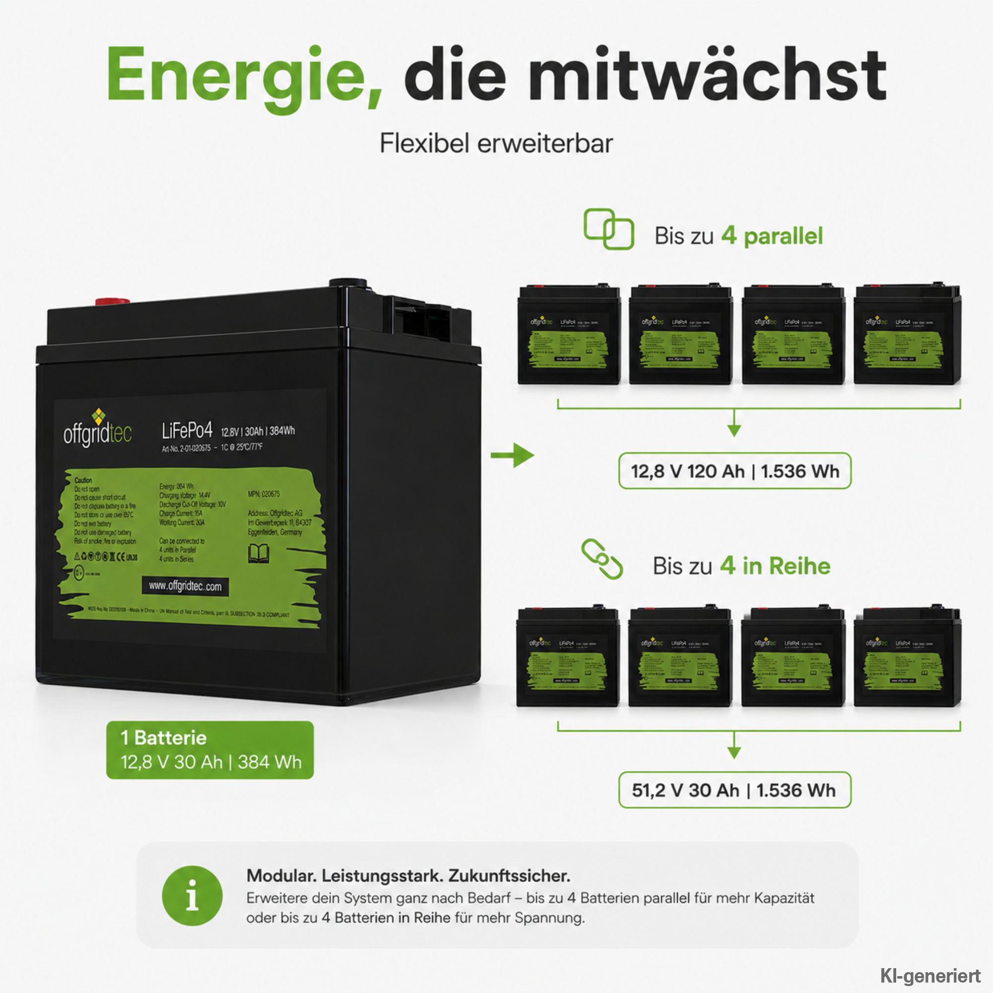 schwarze Offgridtec LiFePO4 Batterie 12V 30Ah Erweiterungsmöglichkeiten parallel und in Reihe