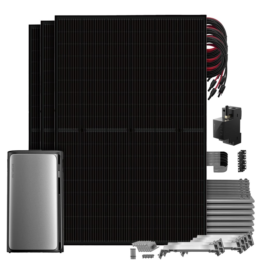 Setansicht: 3 Solarmodule mit EcoFlow Stream Pro All-in-One Speichersystem, Smart Meter, 3 MC4-Kabeln und Balkon-Montageset