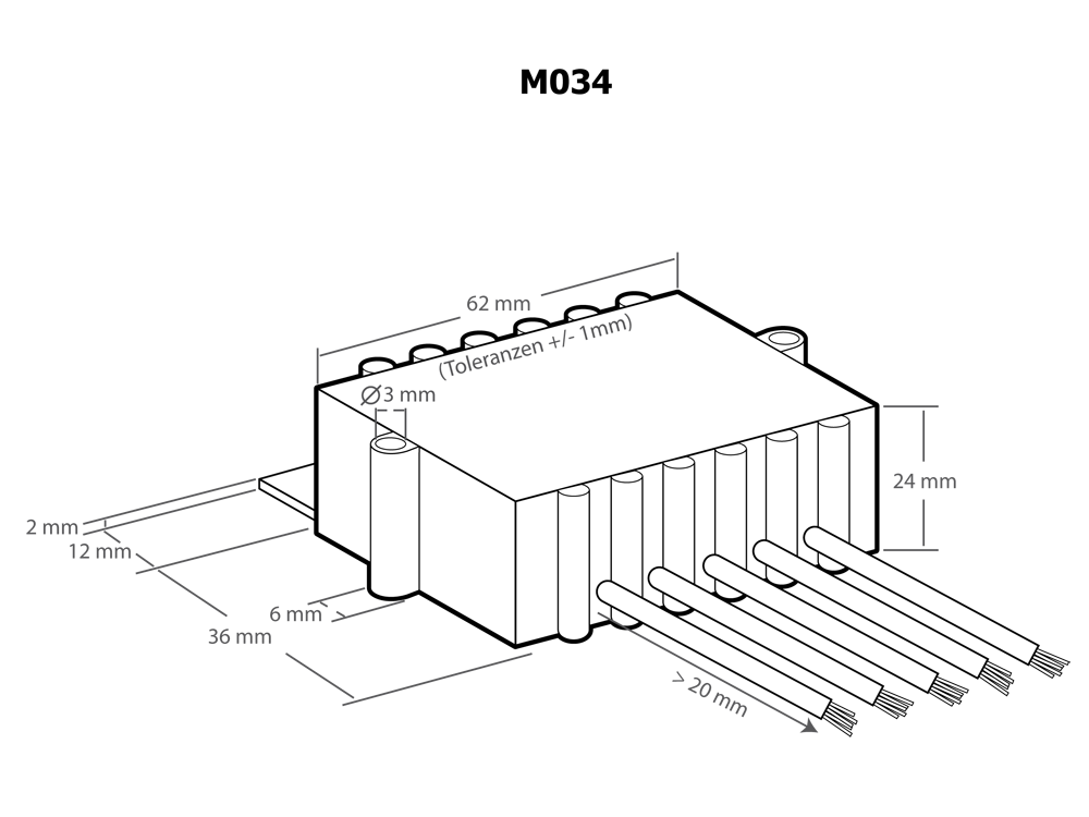 Technische Zeichnung des Kemo M034 Verstärkers mit Abmessungen: 62x36x24mm