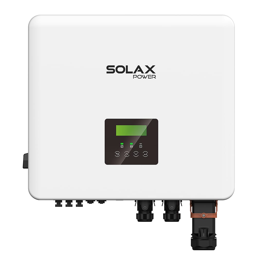 Frontansicht: weiß/schwarzer Solax X3 HYBRID G4 PRO 15kW Hybrid-Wechselrichter mit Display und Anschlüssen an der Unterseite