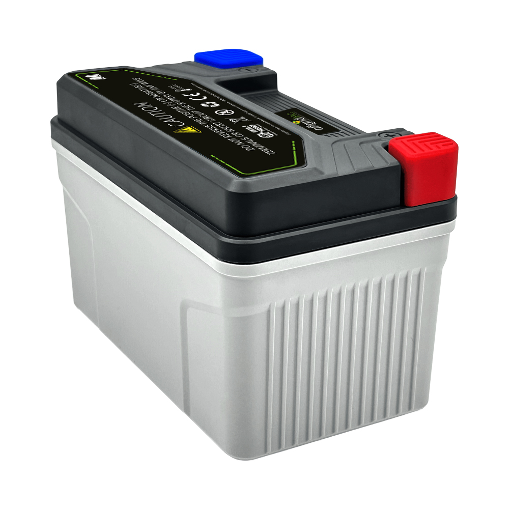 graue Motorradbatterie schräge Rückansicht links
