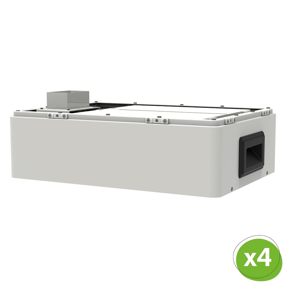 Schrägansicht: Weiße, rechteckige SolaX T-BAT TP-HS25 Hochvoltbatterie mit Mengenangabe "x4" Schrägansicht: Weiße, rechteckige SolaX T-BAT TP-HS36 Hochvoltbatterie mit Mengenangabe "x4"