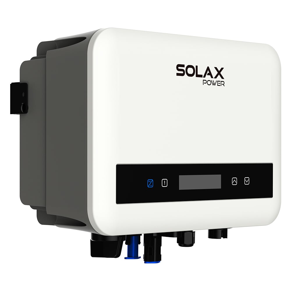 Schrägansicht von links: weiß/schwarzer Solax X1-MINI-3.3K-G4 PV-Wechselrichter mit Display