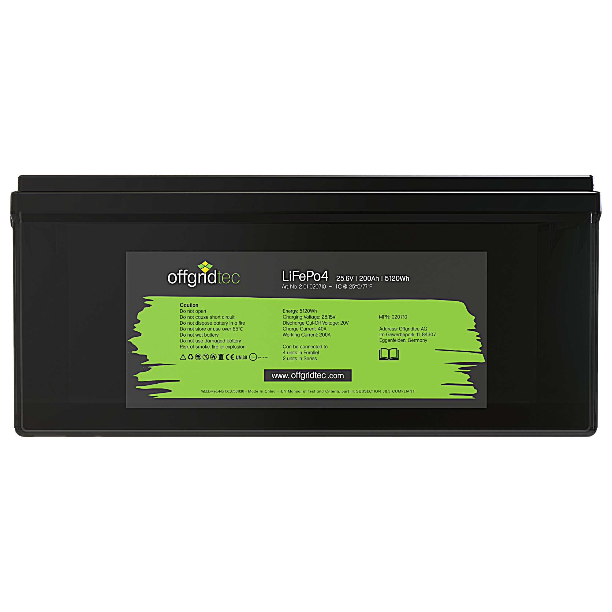 schwarze Offgridtec LiFePO4 Batterie 24V 200Ah Frontalansicht Etikett