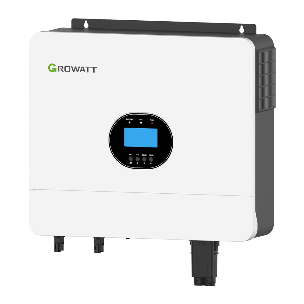 Schrägansicht von rechts: Weißer Growatt SPF6000 ES Plus Off-Grid Wechselrichter mit Display und Anschlüssen