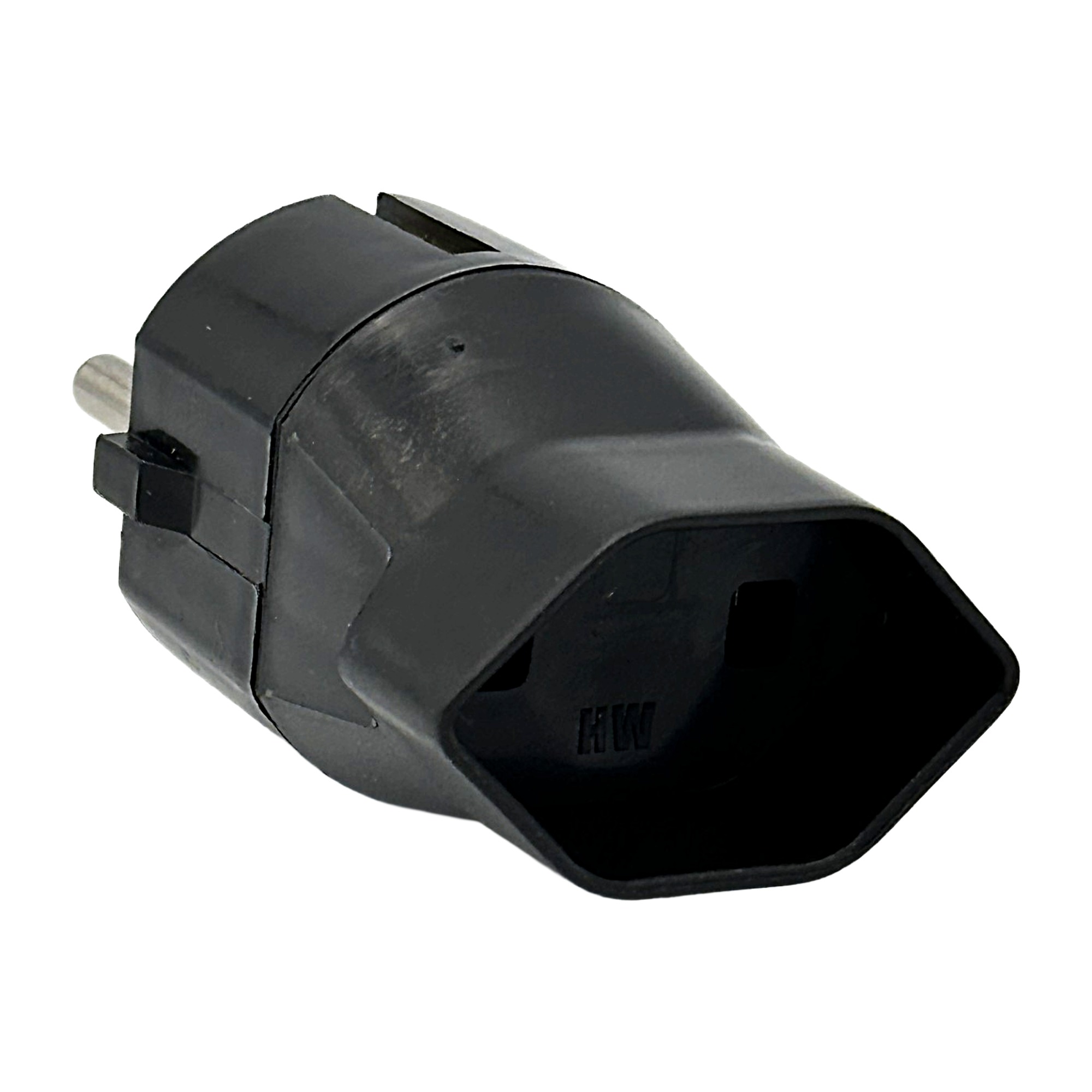 Schwarzer Adapter Schuko auf Typ 21 schräge Rückansicht links