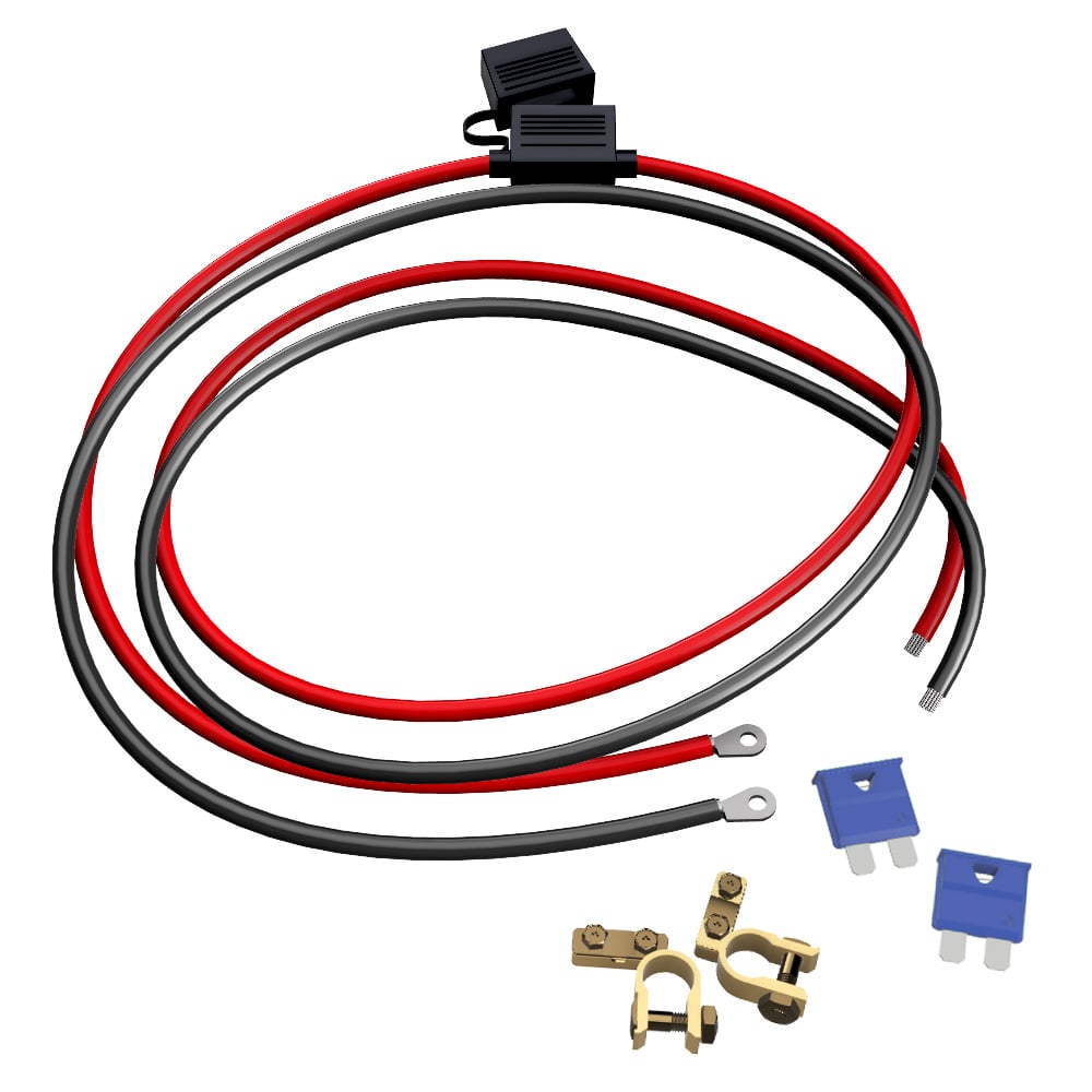 Aufgewickeltes Offgridtec Batteriekabel M8 mit Flachsicherungshalter, schwarz rot inklusive 2x 15A Sicherungen und Polklemmen