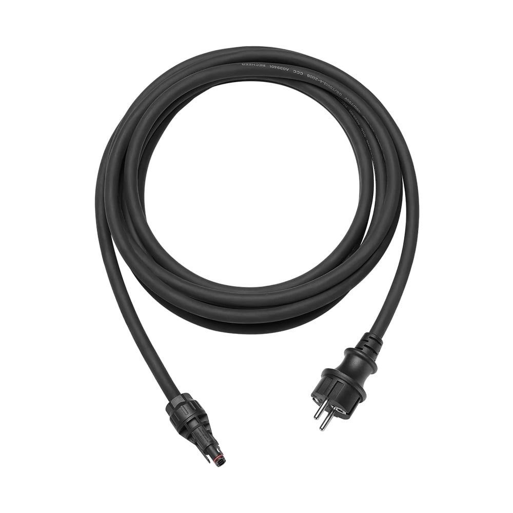 Schwarzes AC-Anschlusskabel mit Schuko-Stecker und Rundstecker, aufgewickelt