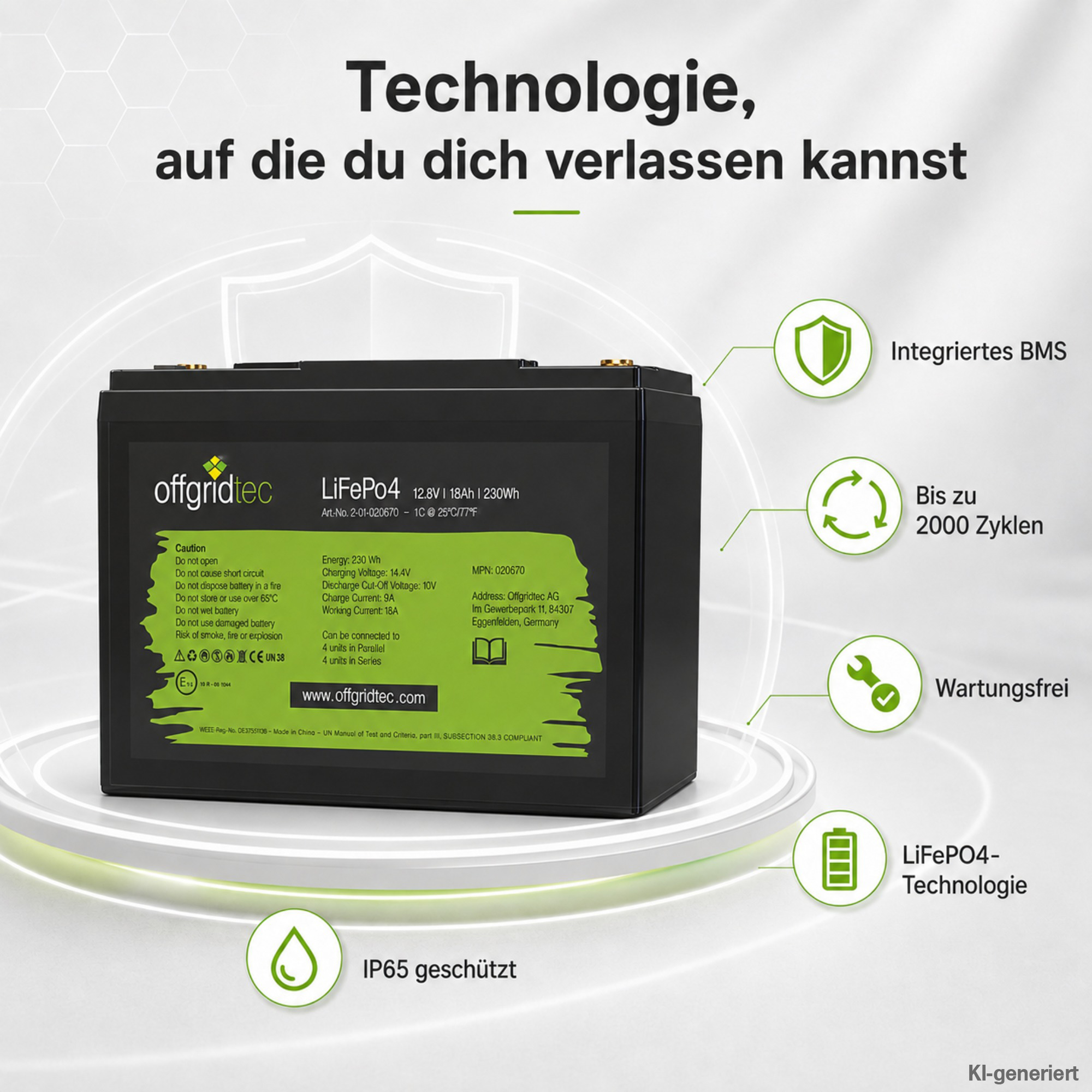 schwarze Offgridtec LiFePO4 Batterie 12V 18Ah Verkaufsargumente um Batterie herum