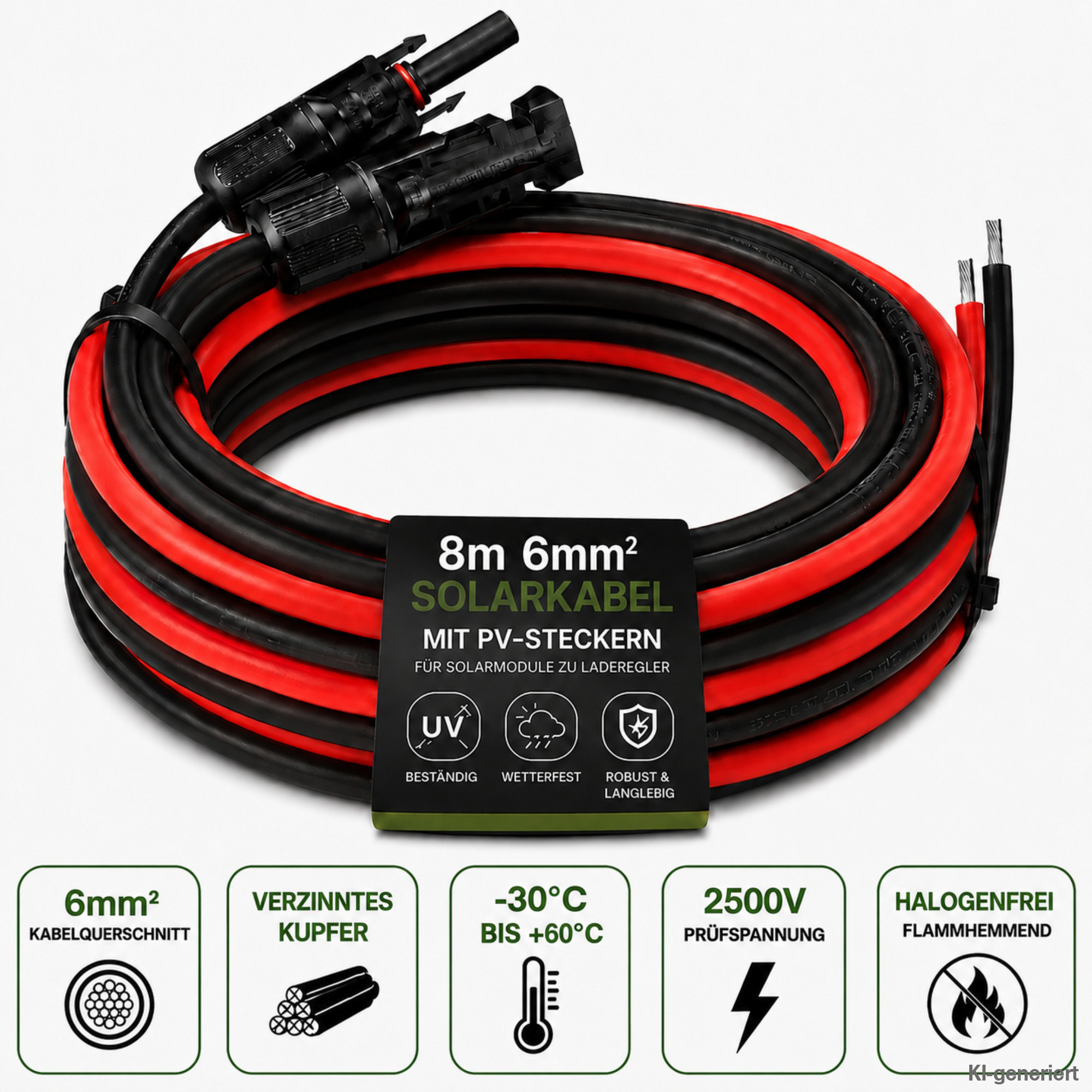 Kabel schwarz und rot mit Solarstecker und offener Litze mit Informationslabel