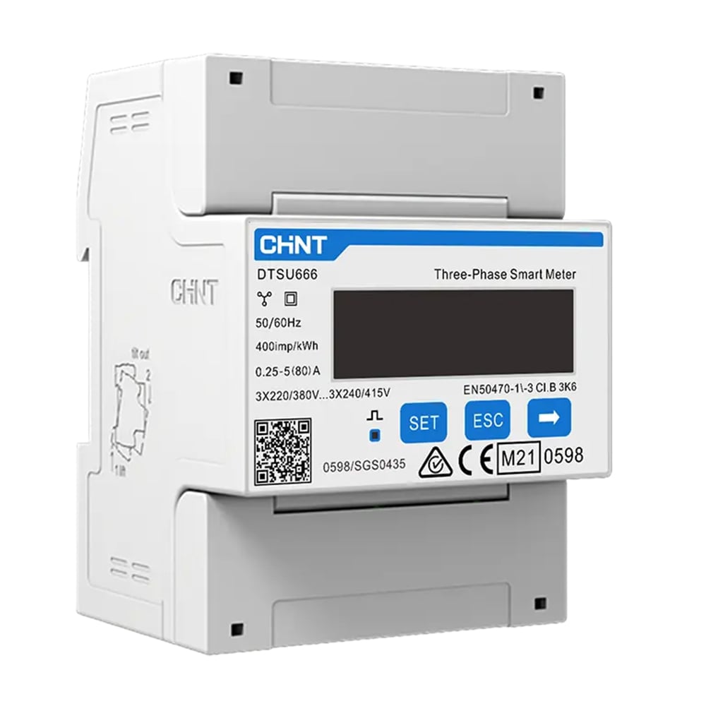 Schrägansicht: Solax Chint DTSU666 3-Phasen Smart Meter mit LCD, 3x220/380 V, SET/ESC-Tasten, bis 80 A