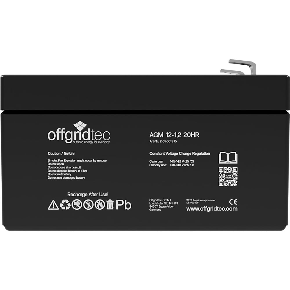 Batterie in schwarz mit weißer Aufschrift in Frontansicht