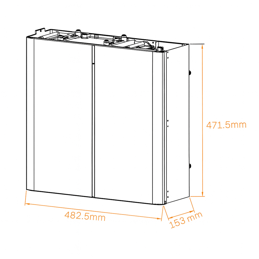 Zeichnung des Solax HV10230 LFP Batteriemoduls mit Abmessungen: 482,5 x 153 x 471,5 Millimeter