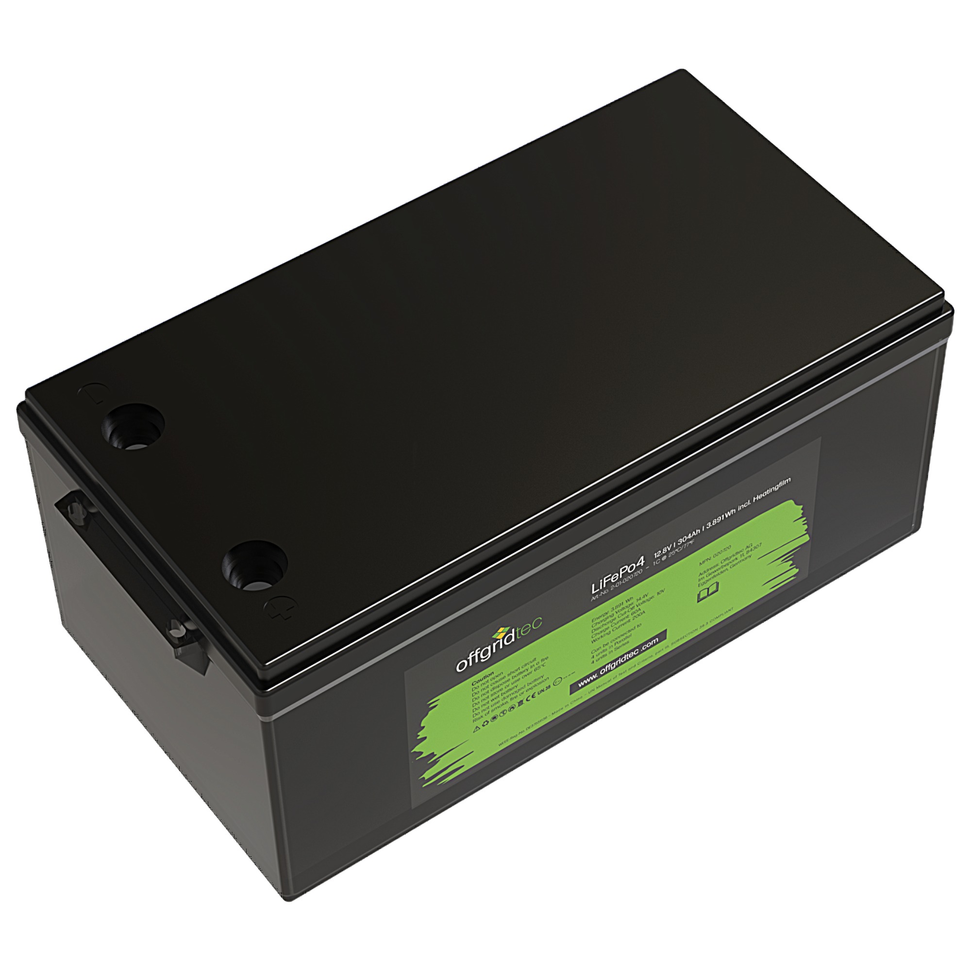 schwarze Offgridtec LiFePO4 Batterie 12V 304Ah mit Heizmatte Schrägansicht oben links