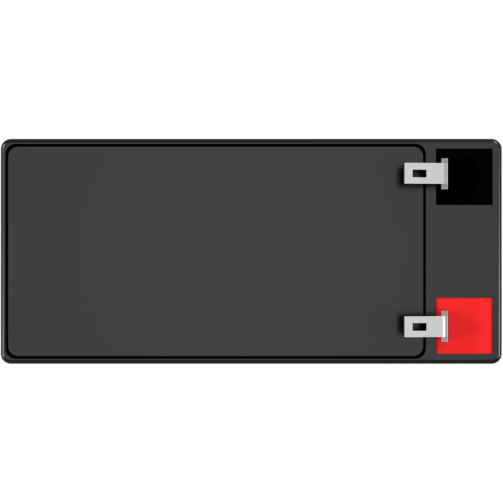 Batterie in schwarz mit weißer Aufschrift in Ansicht von oben