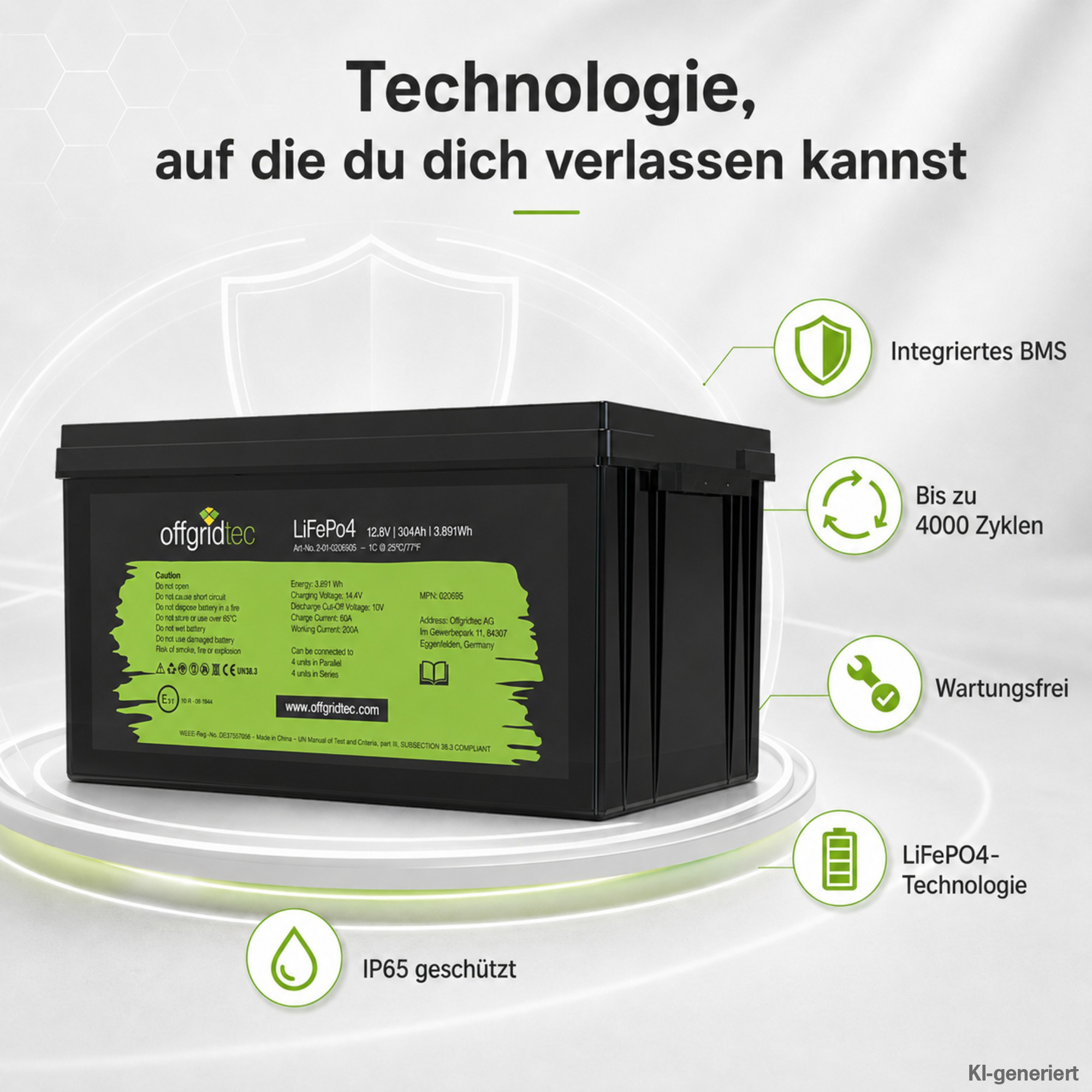 schwarze Offgridtec LiFePO4 Batterie 12V 300Ah Verkaufsargumente um Akku herum