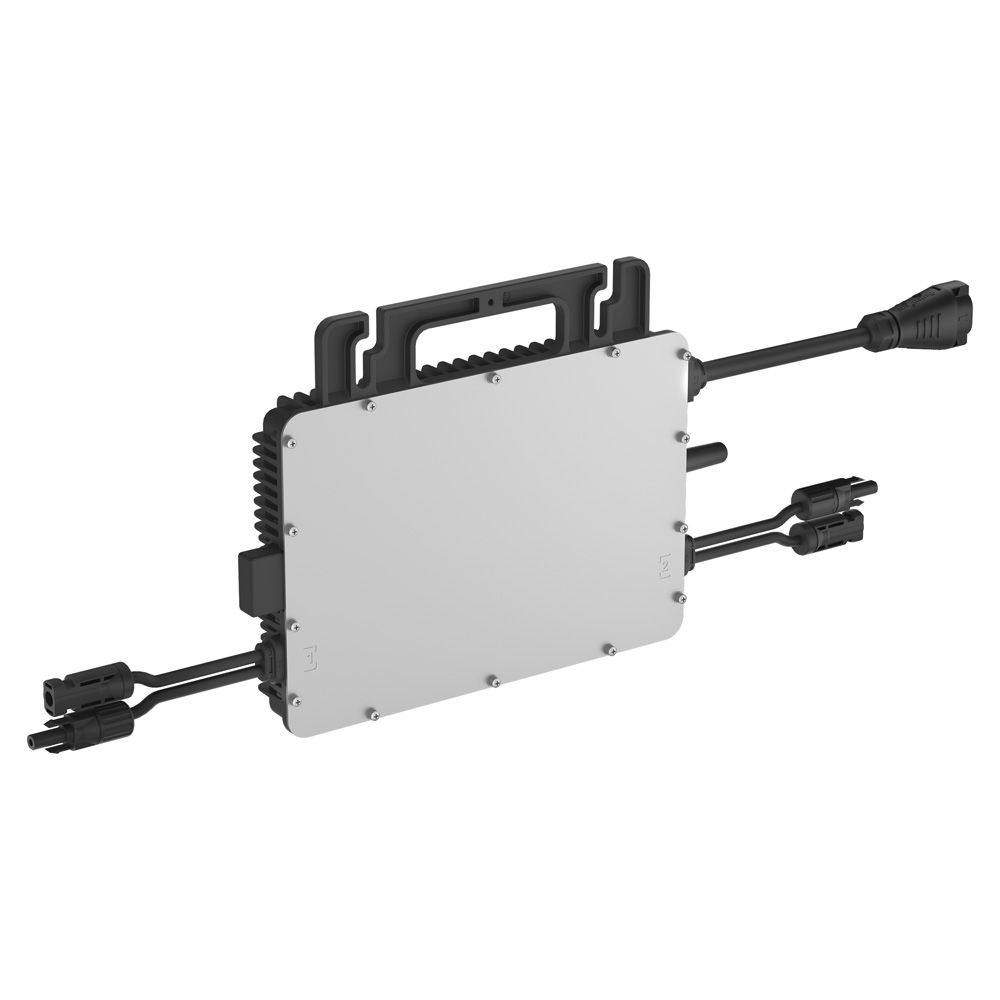 Schrägansicht von links oben: Schwarz-grauer Hoymiles HMS-800-2WB HiFlow Pro Inverter mit Anschlüssen und Montagelöchern