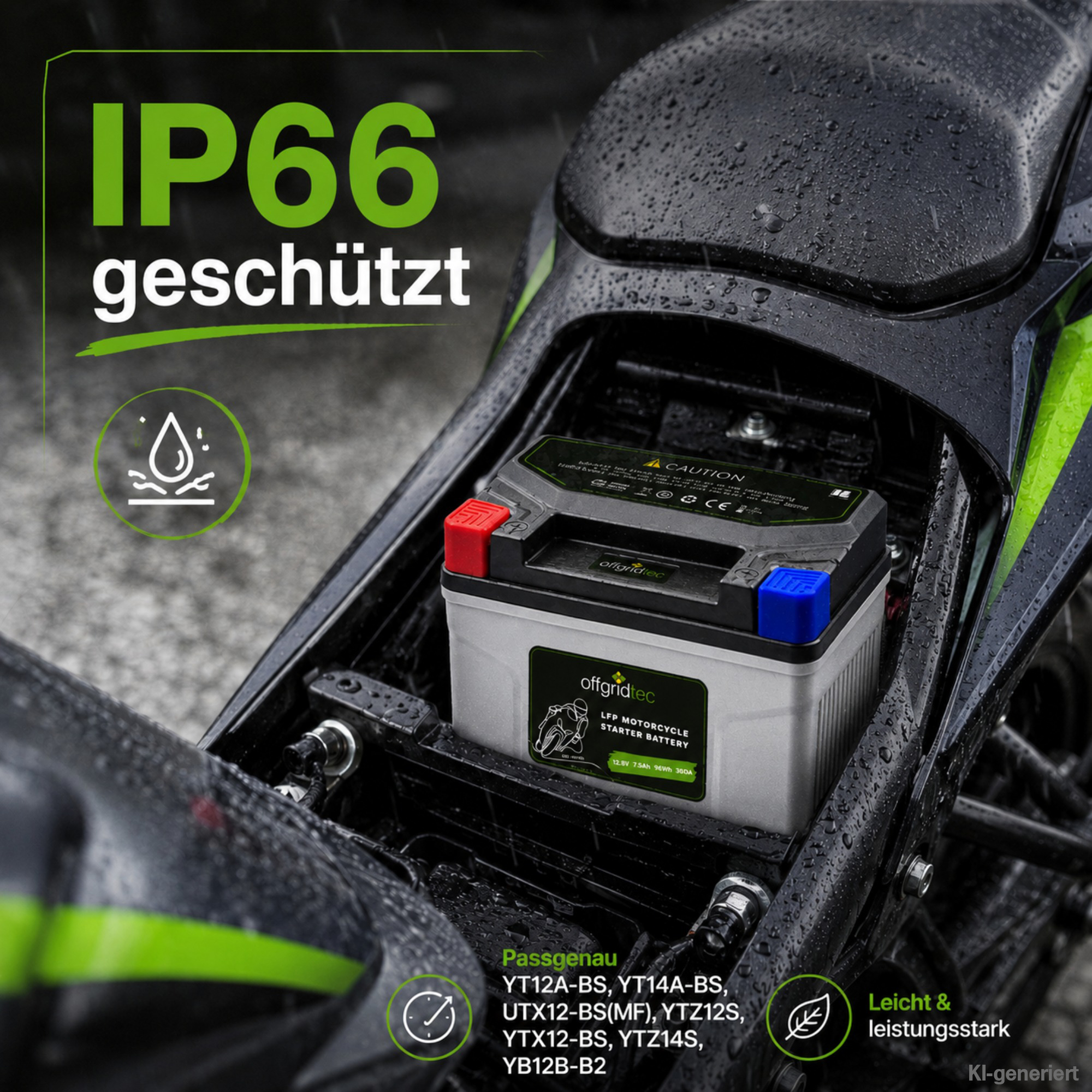 graue Motorradbatterie - im offenen Motorrad mit Spritzwasser