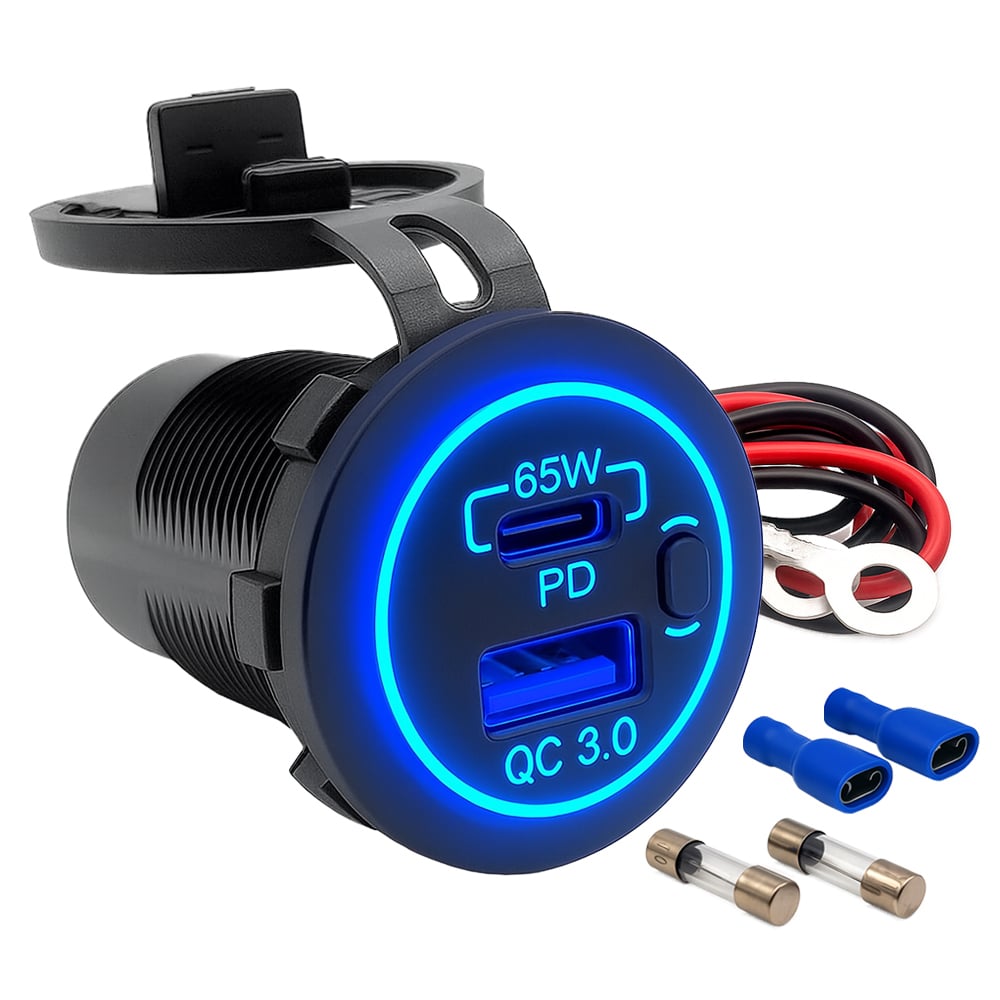 Schwarze USB-Einbausteckdose mit Schutzkappe, beleuchtetem USB-A/C Anschluss, inkl. Kabel, Sicherungen und Steckhülsen