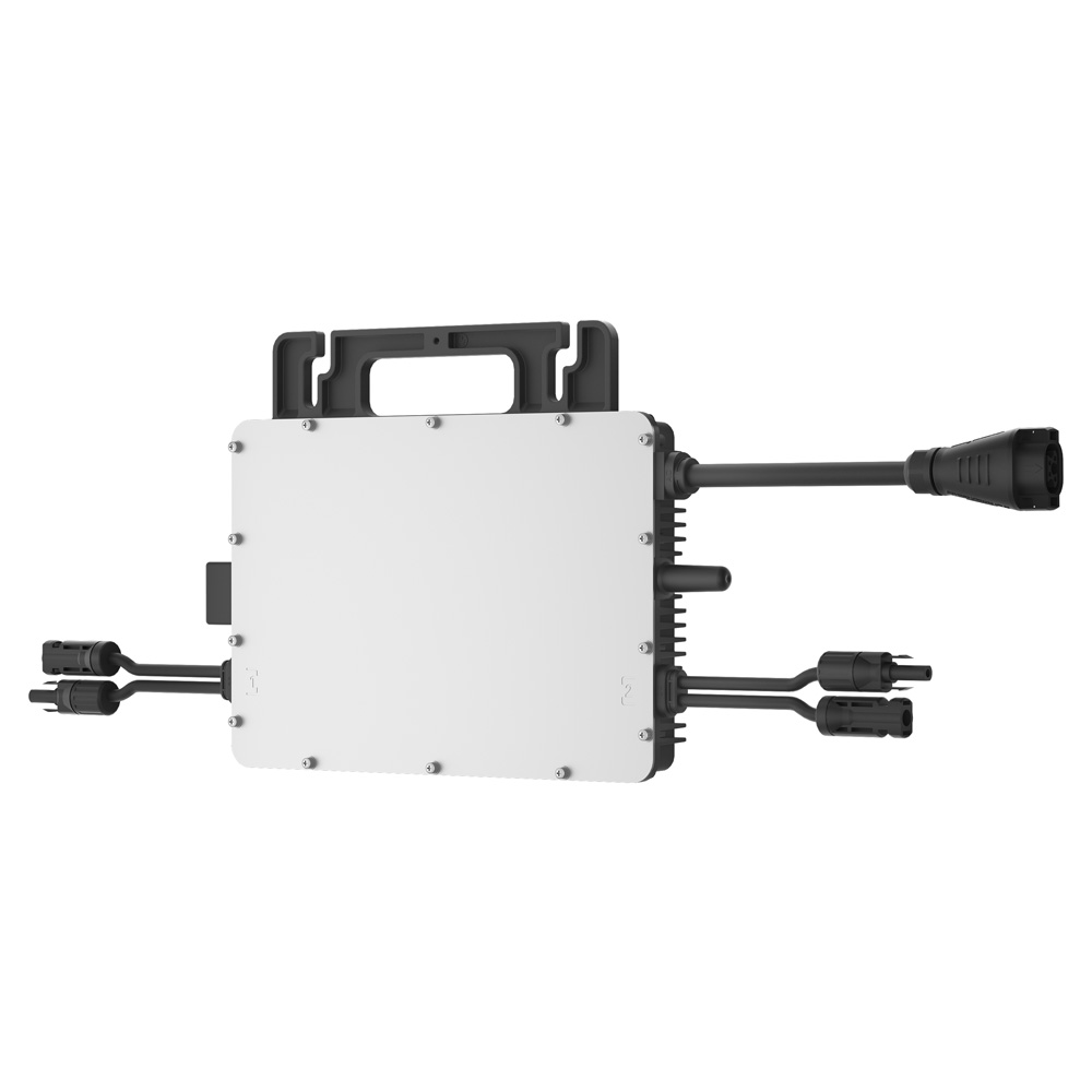 Schrägansicht von rechts: Schwarz-grauer Hoymiles HMS-800-2WB HiFlow Pro Wechselrichter mit Anschlüssen und Montagelöchern