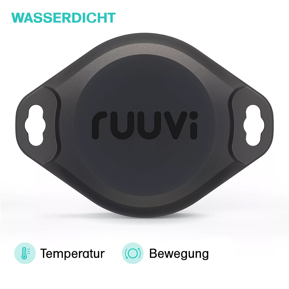 Schwarzer RuuviTag Pro 2in1 Bluetooth-Sensor mit Befestigungslaschen, misst Temperatur und Bewegung
