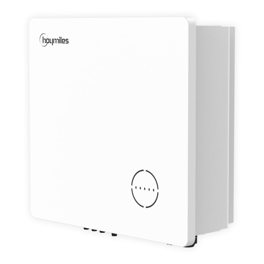 Schrägansicht von rechts: 3-phasiger, weißer Hoymiles HYT-12000 HV 5kW Hybrid-Inverter mit Logo und Anschlüssen unten