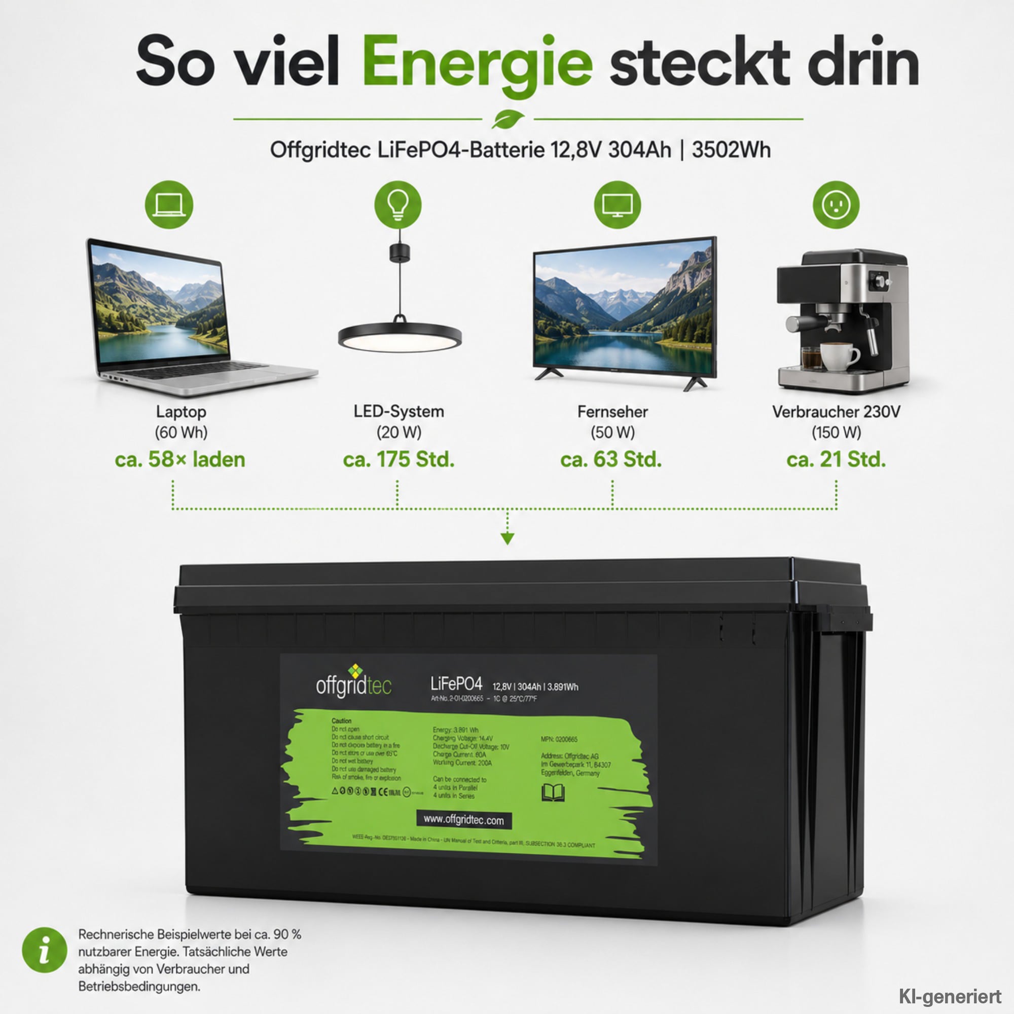 schwarze Offgridtec LiFePO4 Batterie 12V 300Ah Energieberechnung