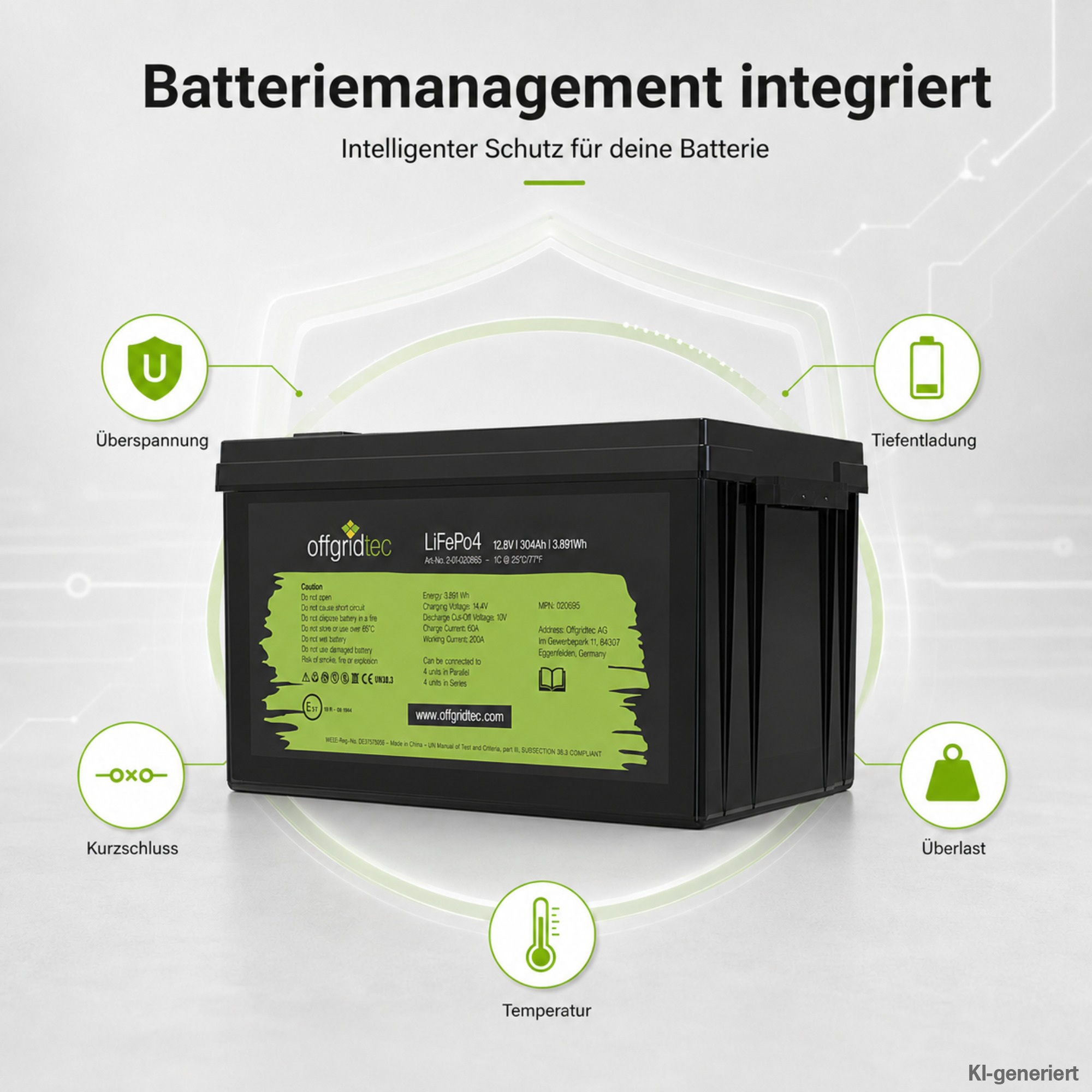 schwarze Offgridtec LiFePO4 Batterie 12V 300Ah integriertes Batteriemanagement