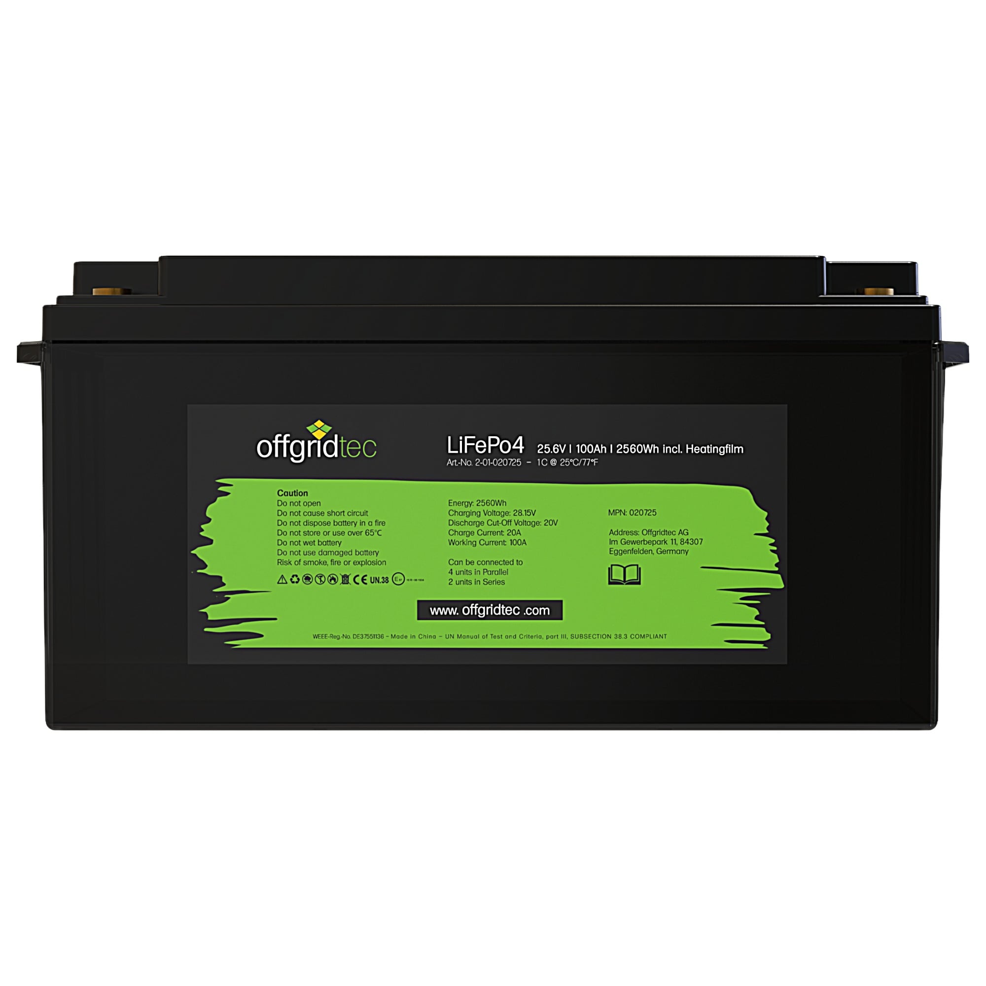 schwarze Offgridtec LiFePO4 Batterie mit Heizmatte 24V 100Ah Frontalansicht Etikett