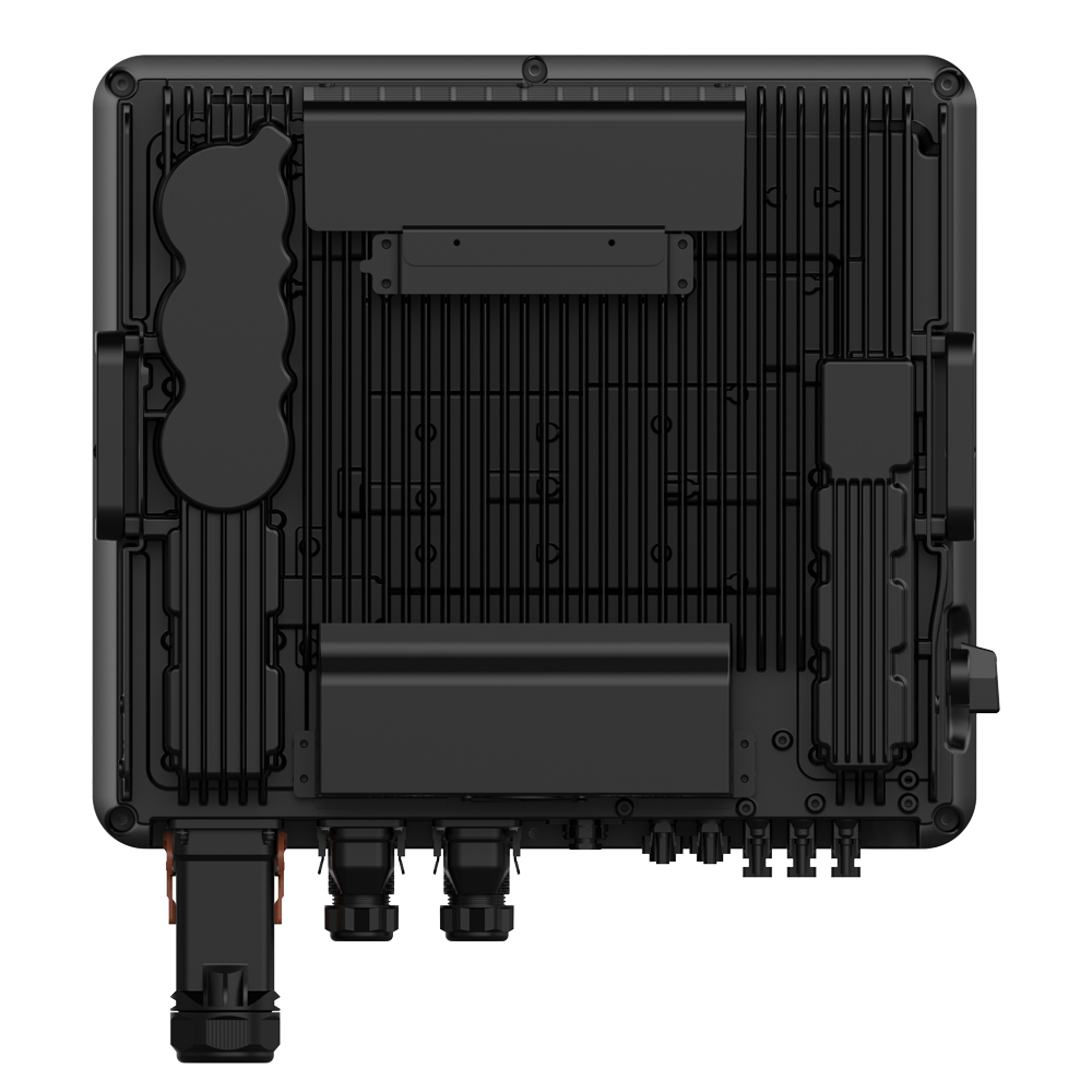 Rückansicht des Solax X3 HYBRID G4 PRO 15kW Wechselrichters mit Kühlrippen, Montageplatte, Griffen und Anschlussbereichen