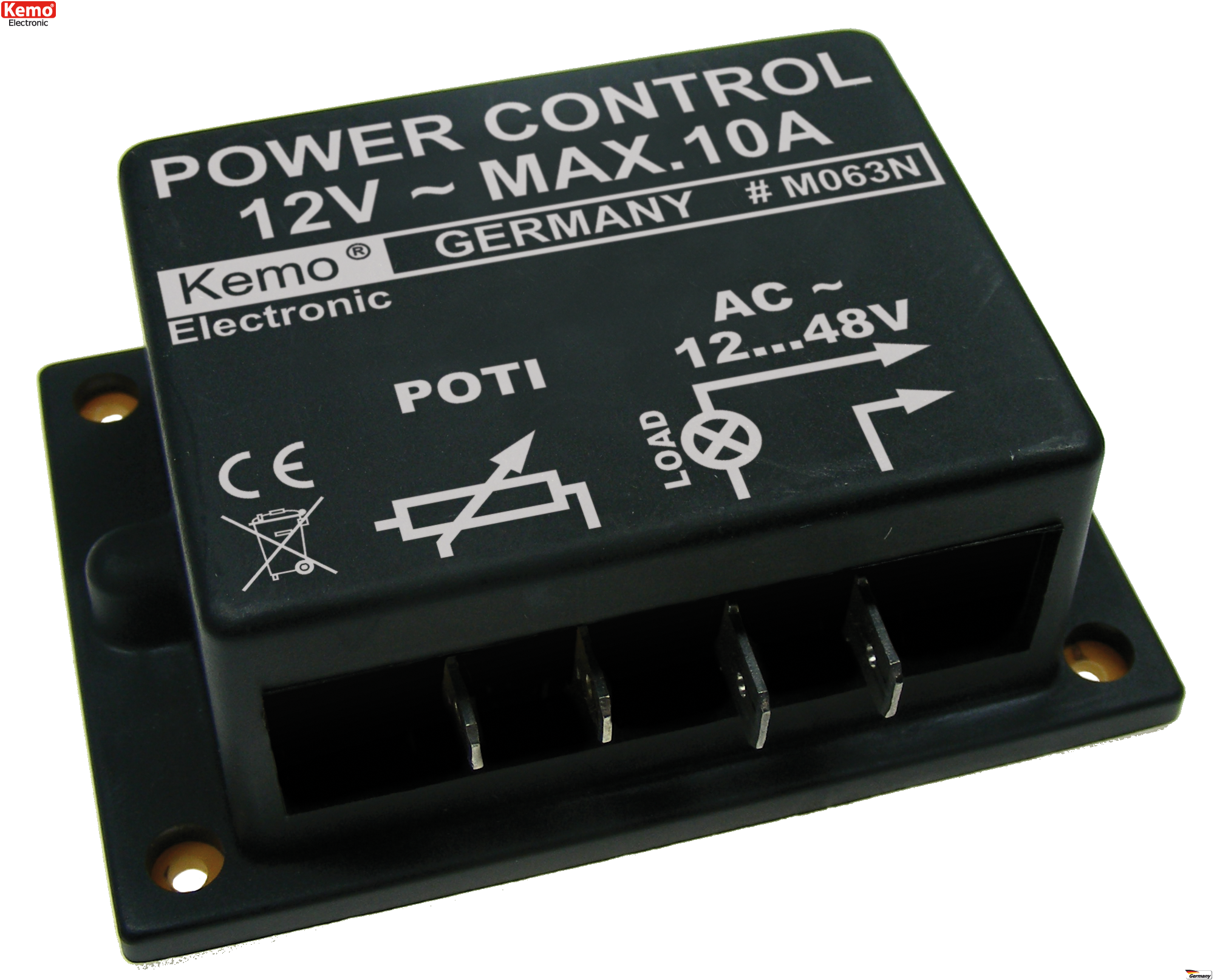 Schrägansicht des schwarzen Kemo M063N Dimmers mit Montagelöchern