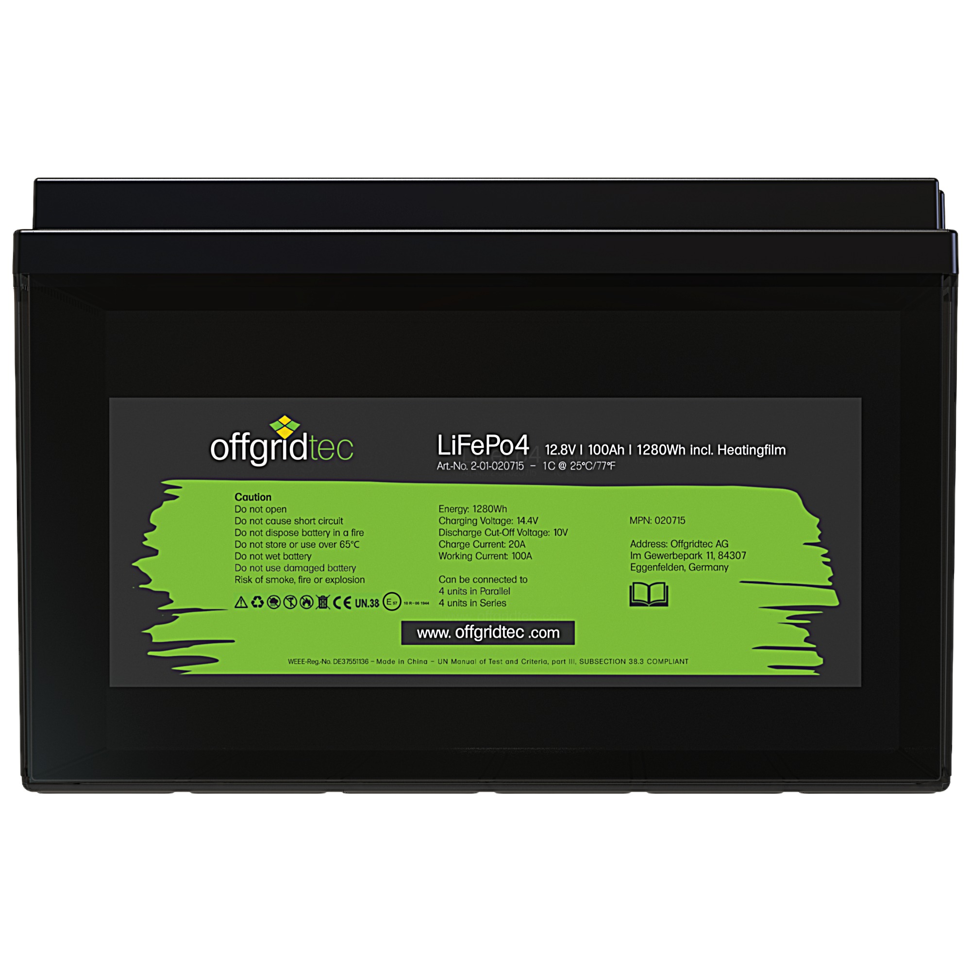 schwarze Offgridtec LiFePO4 Batterie 12V 100Ah mit Heizmatte Frontalansicht Etikett