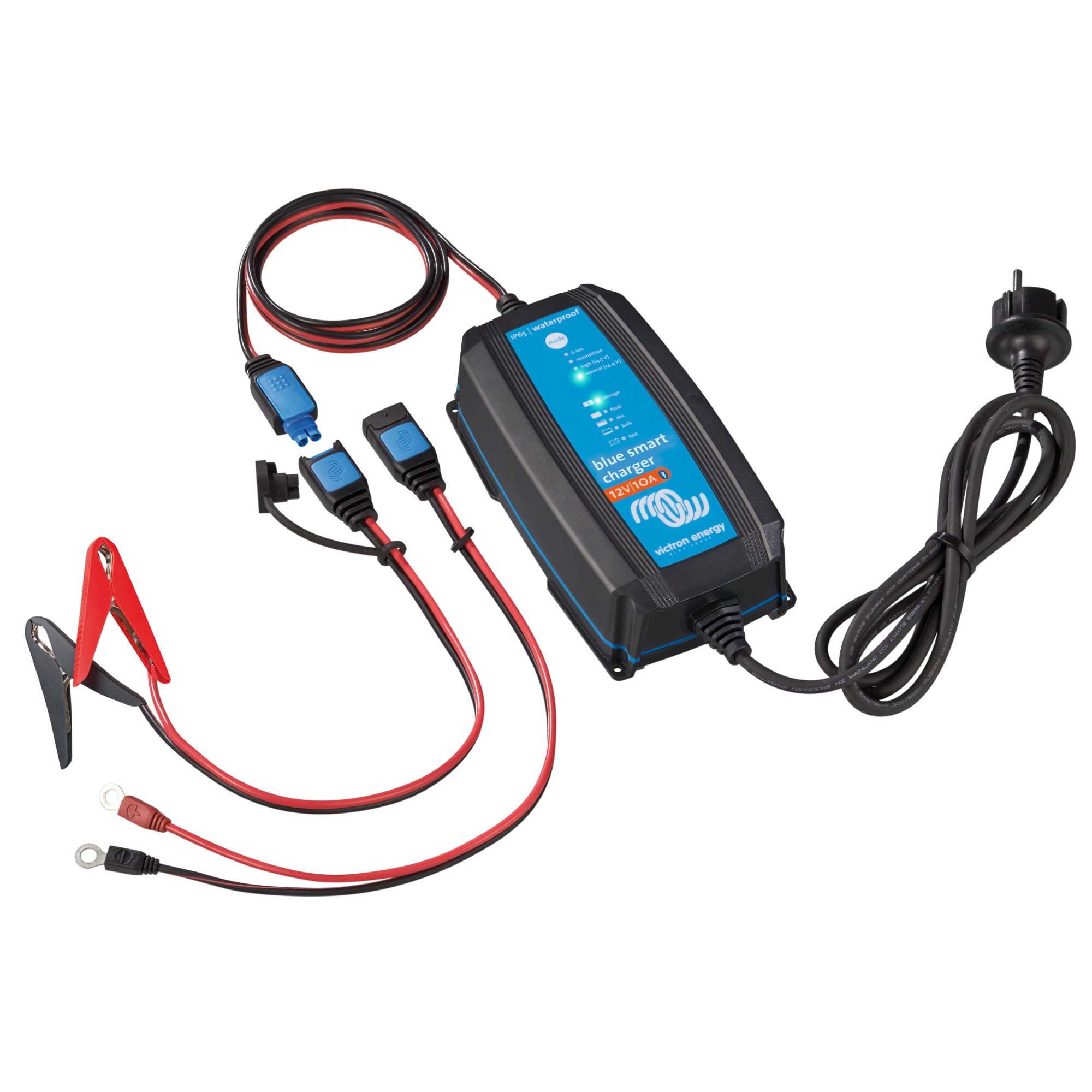 Victron Blue Smart Batterieladegerät IP65 12/20(1) Schrägansicht Front mit Zubehör