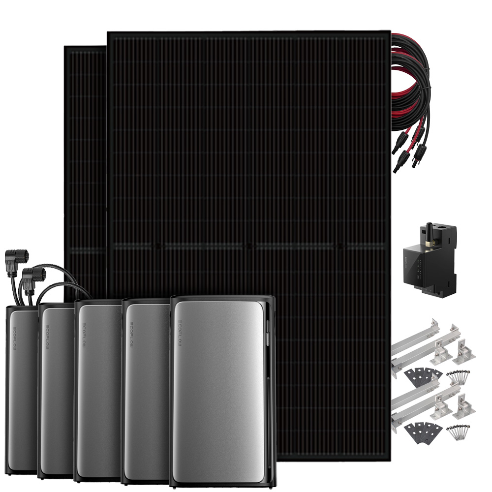 Setansicht: 2 Solarmodule, EcoFlow Stream Pro All-in-1 System, 4 AC Pro Batterien, Smart Meter, Kabel & Flachdach-Montageset