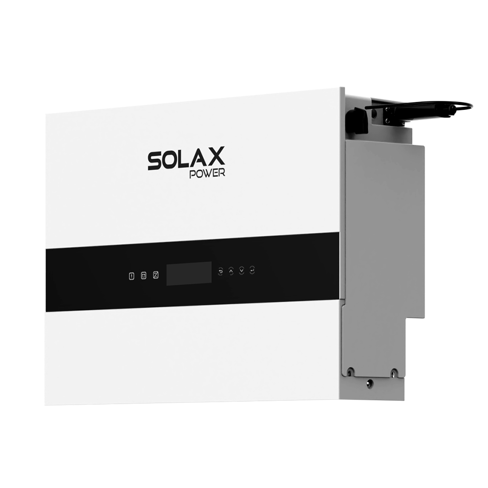 Schrägansicht von rechts: weißer Solax X1-IES-4.6K Inverter, schwarzes Bedienfeld und Display, Anschlusskabel rechts
