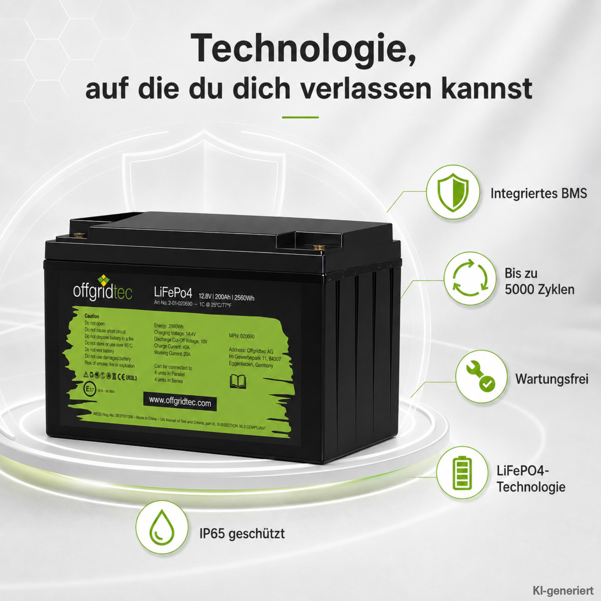schwarze Offgridtec LiFePO4 Batterie 12V 200Ah Verkaufsargumente um Akku herum
